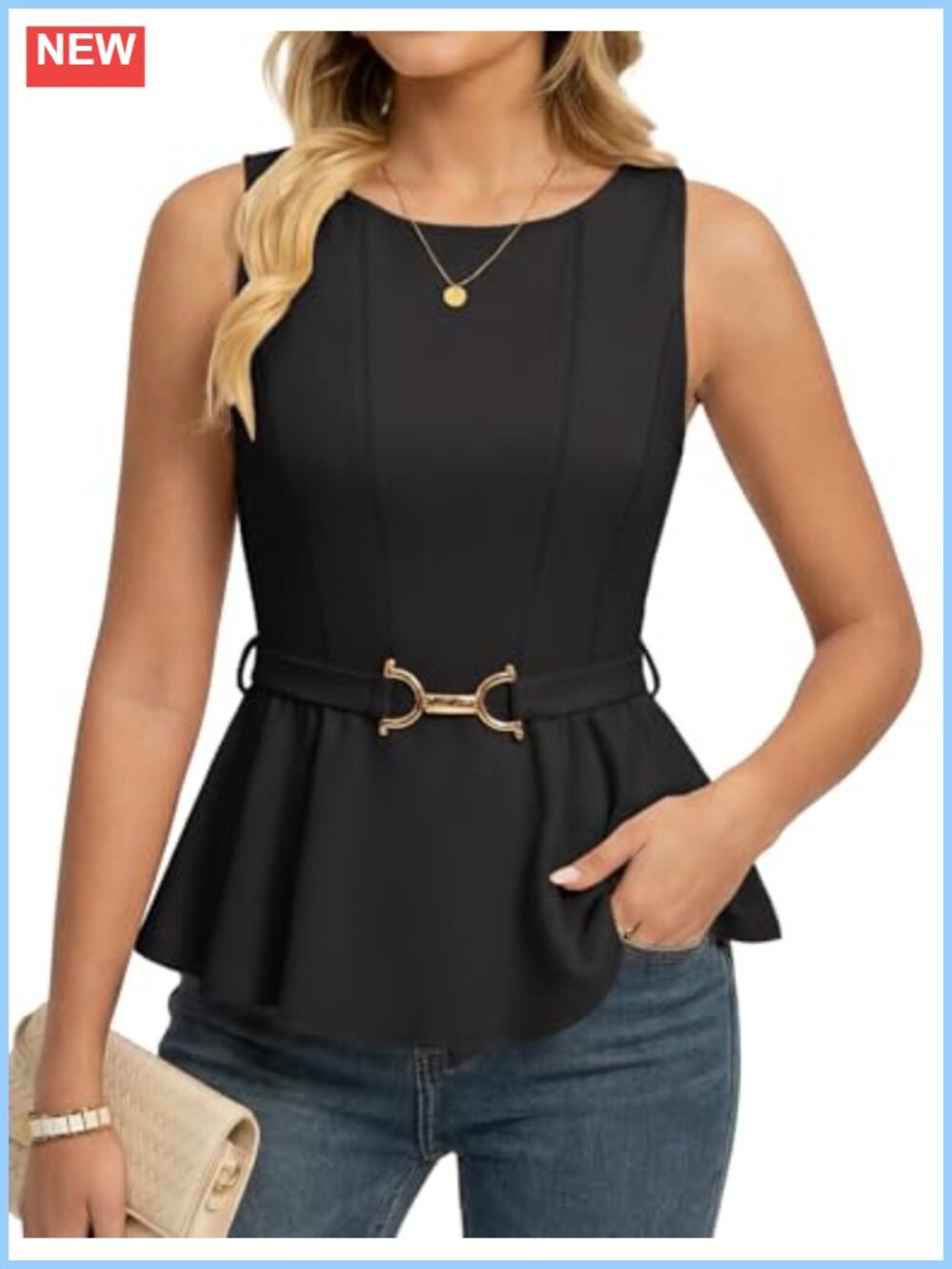 Women's Sleeveless Peplum Blouse with Tie Belt Business Casual Work Top
